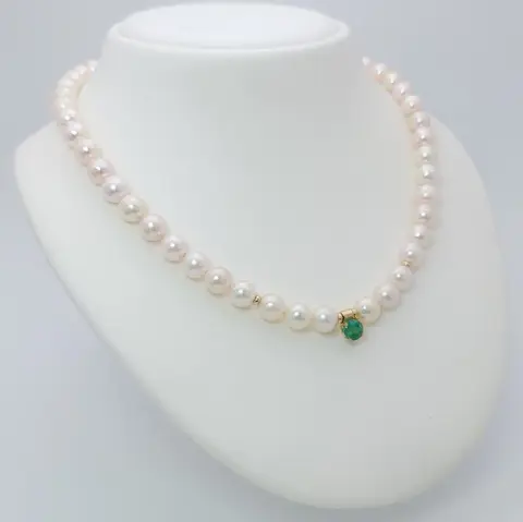 14 karaat Akoya parels, Goud - Collier met hanger - 1.00 ct Smaragd