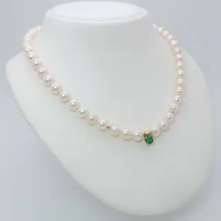 14 karaat Akoya parels, Goud - Collier met hanger - 1.00 ct Smaragd