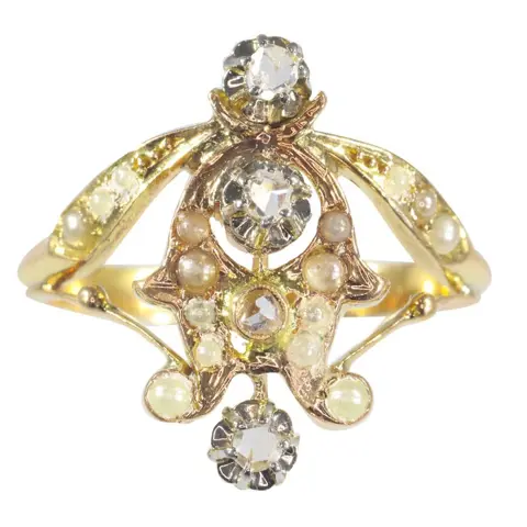 NO RESERVE PRICE - 18 karaat Geel goud - Ring Diamant - Parel, Vintage anno 1920, Gratis formaat wijzigen*