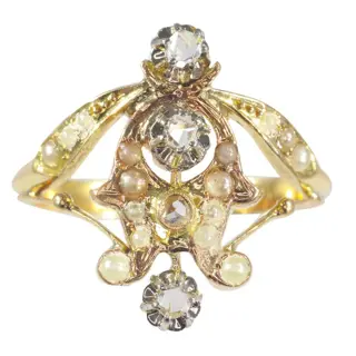 NO RESERVE PRICE - 18 karaat Geel goud - Ring Diamant - Parel, Vintage anno 1920, Gratis formaat wijzigen*