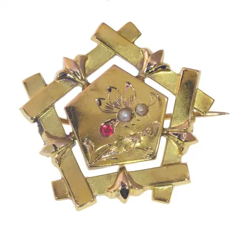 NO RESERVE PRICE - 14 karaat Geel goud - Broche - Rode Strass, Vintage antiek anno 1890