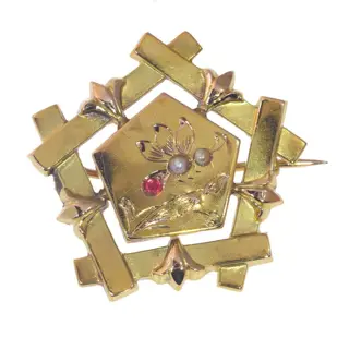 NO RESERVE PRICE - 14 karaat Geel goud - Broche - Rode Strass, Vintage antiek anno 1890