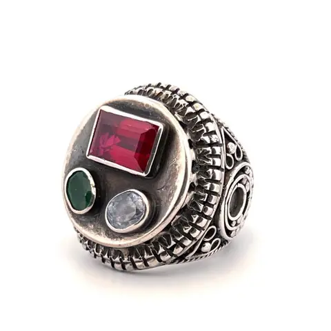 925 Zilver - Ring Robijn - Saffieren, Smaragden