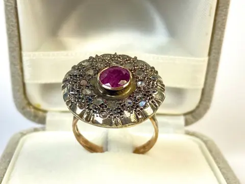 14 karaat Geel goud, Zilver - Ring - 1.00 ct Robijn - Diamanten