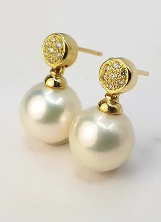 10x11mm White Round Edison Pearls - 14 karaat Geel goud - Oorbellen - 0.11 ct
