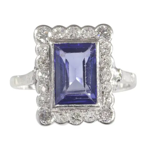 Platina - Ring - 3.00 ct Saffier - Diamanten, totaal diamantgewicht 0,64 crt, Vintage jaren 70, Art Deco stijl geïnspireerd, Gratis