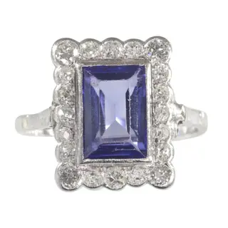 Platina - Ring - 3.00 ct Saffier - Diamanten, totaal diamantgewicht 0,64 crt, Vintage jaren 70, Art Deco stijl geïnspireerd, Gratis