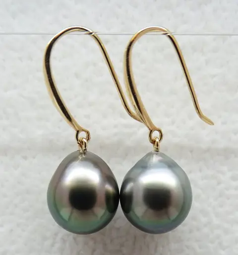 No Reserve Price - Tahitian pearls, Silvery Peacock, Drop Shaped 9.29 X 10.4mm, 9.3 X 10.33mm - 18 karaat Geel goud - Oorbellen