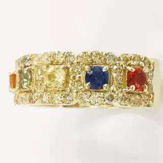 1.05 ct mix color sapphire & 1.20 ct vs yellow diamonds designer 7 stone ring - 14 karaat Geel goud - Ring Saffier - Diamanten, GWLAB-gecertificeerd, geen reserve