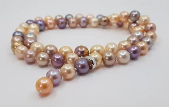 no reserve - 9x11mm Round Shimmering Multi Edison Freshwater Pearls - 925 Zilver - Halsketting