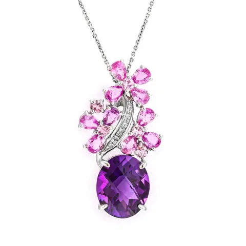 6.30 tcw Amethyst Pendant - 14 karaat Witgoud - Collier met hanger - 4.05 ct Amethist - 2,22 ct saffieren + 0,03 ct diamanten - geen minimumprijs