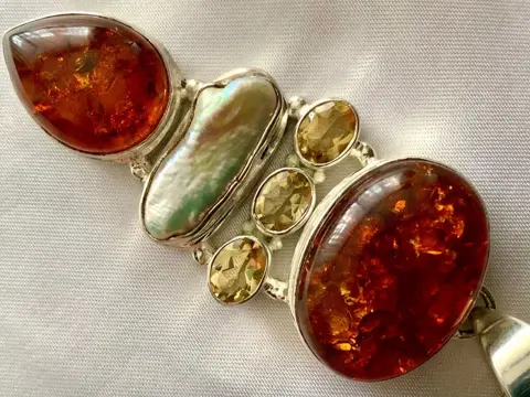 925 Amber, Zilver, Zoetwater parel - Collier met hanger - Citrienen, Parelvrije vorm, amber,