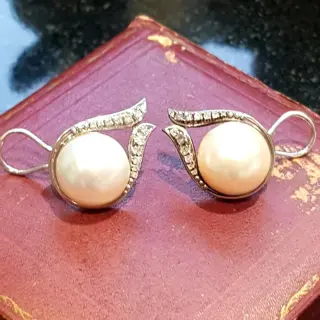 18 karaat Witgoud - Oorbel Natuurlijke parel - Diamanten