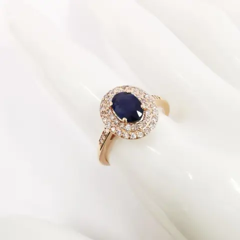 1.00 ct blue sapphire & 0.38 ct fancy pink diamonds designer double halo ring - 14 karaat Rosé goud - Ring Saffier - Diamanten, AIG gecertificeerd zonder reserve