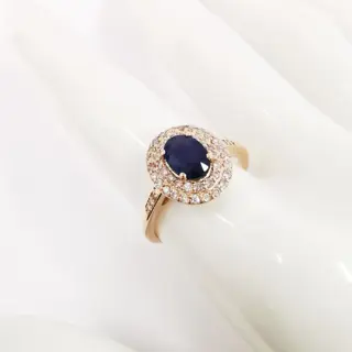 1.00 ct blue sapphire & 0.38 ct fancy pink diamonds designer double halo ring - 14 karaat Rosé goud - Ring Saffier - Diamanten, AIG gecertificeerd zonder reserve