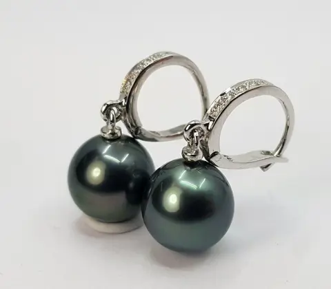 9x10mm Peacock Tahitian Pearl Drops - 14 karaat Witgoud - Oorbellen - 0.09 ct
