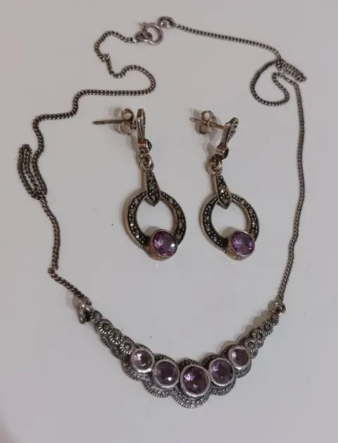 925 Zilver - Collier met hanger, Oorbellen - Amethist - Markasieten