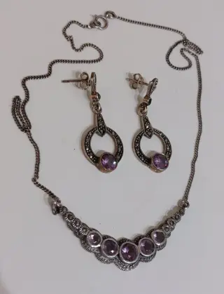 925 Zilver - Collier met hanger, Oorbellen - Amethist - Markasieten