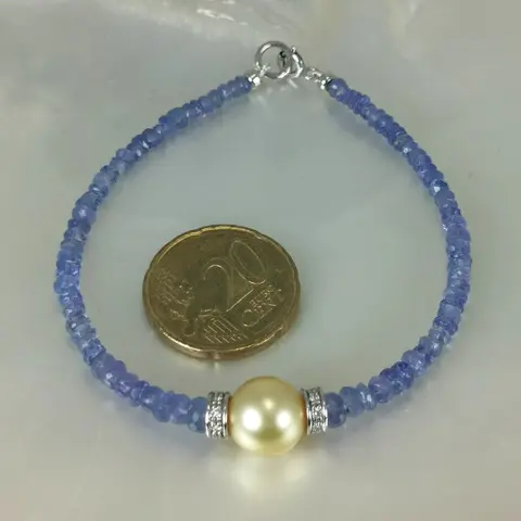 Golden Southsea RD Ø 10.5x11 mm - 18 karaat Witgoud - Armband Zuidzee parel - Diamanten, Tanzanieten