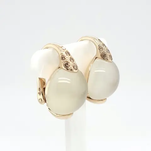 Pomellato - 18 karaat Geel goud - Oorbellen - 2x Cabochon geslepen maansteen, 2x 8 cognackleurige briljant geslepen diamanten - totaal 0.30 ct