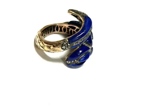 9 kt. Rosé goud, Zilver - Ring Lapis lazuli - Diamanten, Smaragden