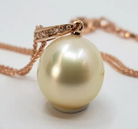 12x13mm Soft Golden South Sea Pearl - 14 karaat Rosé goud - Hanger - 0.04 ct