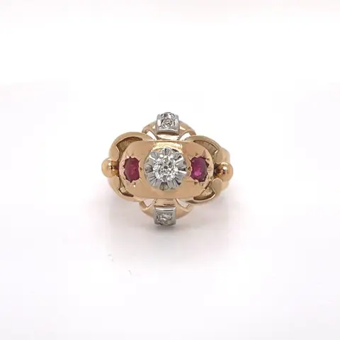 18 karaat Geel goud, Platina - Ring - 0.35 ct Diamant - Robijnen