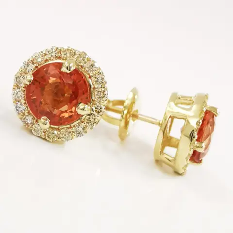 2.60 ct orange sapphire & 0.29 ct vs diamonds designer halo stud earrings - 14 karaat Geel goud - Oorbellen Saffier - Diamanten, GWLAB-gecertificeerd, geen reserve