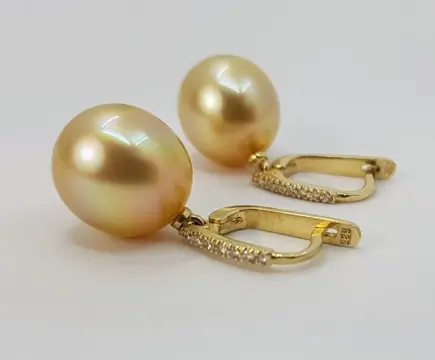 11x12mm Deep Golden South Sea Pearls - 14 karaat Geel goud - Oorbellen - 0.11 ct