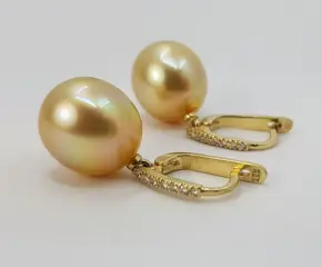 11x12mm Deep Golden South Sea Pearls - 14 karaat Geel goud - Oorbellen - 0.11 ct