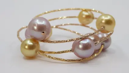 11x12mm Golden South Sea and Pink Edison Pearls - 18 karaat Geel goud - Armband