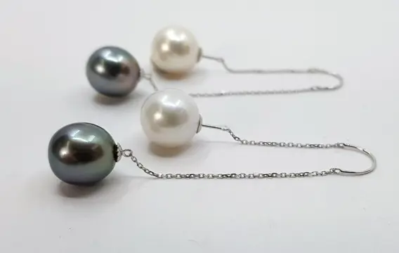 10x11mm Peacock Tahitian and White Edison Pearls - 18 karaat Witgoud - Oorbellen