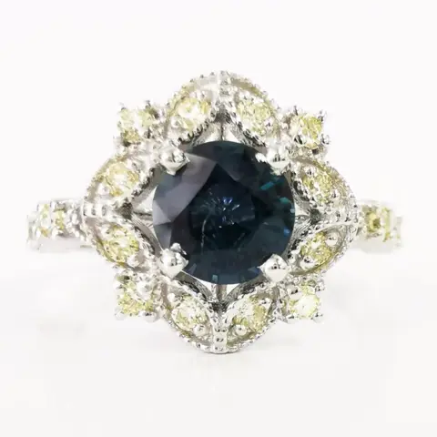 1.22 ct blue sapphire & 0.35 ct vs fancy yellow diamonds designer ring - 14 karaat Witgoud - Ring Saffier - Diamanten, AIG gecertificeerd zonder reserve