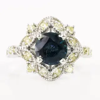 1.22 ct blue sapphire & 0.35 ct vs fancy yellow diamonds designer ring - 14 karaat Witgoud - Ring Saffier - Diamanten, AIG gecertificeerd zonder reserve