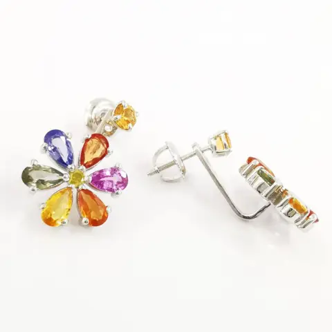 4.16 ct mix color sapphires & 0.10 ct fancy intense yellow diamonds designer earrings - 14 karaat Witgoud - Oorbellen Saffier - Diamanten