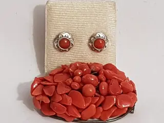 Grote Ovaalvormige bloedkoraal Broche op zilveren basement toevoegd zilveren oorstekers met - 835 Zilver - Set