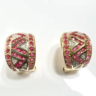 Halb-Creolen - 14 karaat Geel goud - Oorbellen - 2.10 ct Robijn - 0,10ct. diamanten