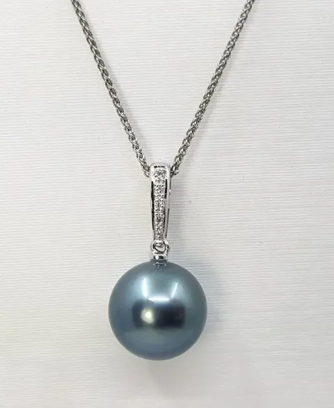 11x12mm Round Tahitian Pearl - 14 karaat Witgoud - Hanger - 0.04 ct