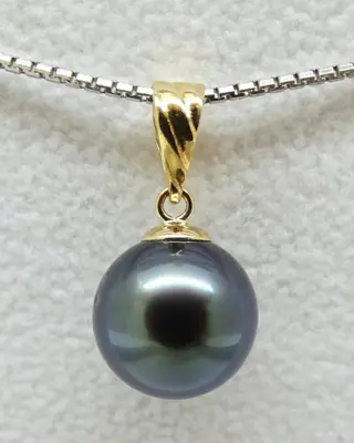 No Reserve Price - Tahitian Pearl, Rikitea Pearl, Blue Midnight, Round, 9.73 mm - 18 karaat Geel goud - Hanger