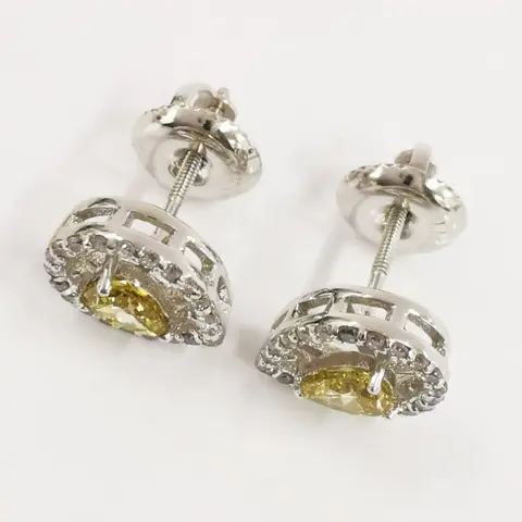 0.40 ct vvs fancy vivid yellow & 0.24 ct fancy pink diamonds designer halo stud earrings - 14 karaat Witgoud - Oorbellen Diamant - Diamanten, AIG gecertificeerd zonder reserve
