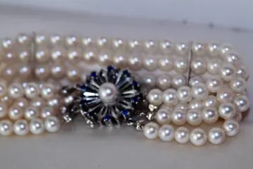 14 karaat Witgoud - Armband Akoya parel - Saffieren, Akoya ronde parels 5.2mm van Japanse zee