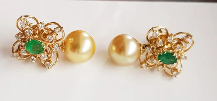 18 karaat Geel goud - Oorbel Smaragd - Diamanten