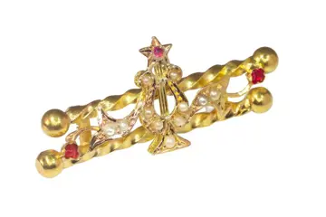 NO RESERVE PRICE - 18 karaat Geel goud - Broche - Rode Strass, Parel, Vintage antiek anno 1890