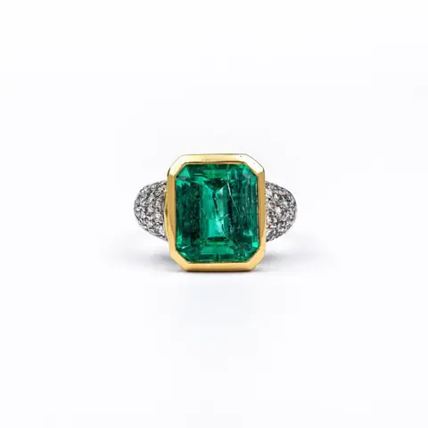 18 karaat Geel goud, Witgoud - Ring - 9.20 ct Smaragd - Diamanten