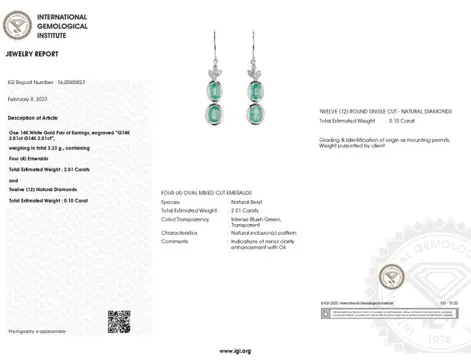 No Reserve Price - IGI Report - 14 karaat Witgoud - Oorbellen - 2.01 ct Smaragd - Diamanten