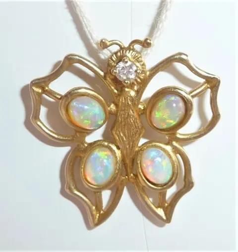 NO RESERVE - Butterfly - 14 karaat Geel goud - Hanger - 0.80 ct Opaal - Australische volle opalen + 0,03 ct. diamant