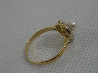 18 karaat Geel goud, Witgoud - Ring Natuurlijke parel - Diamanten