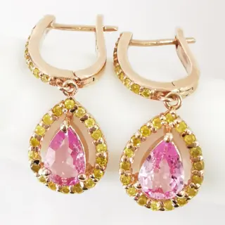 1.51 ct pink sapphire & 0.60 ct fancy vivid yellow diamonds designer dangle earrings - 14 karaat Rosé goud - Oorbellen Saffier - Diamanten
