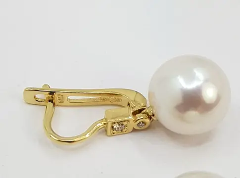 10x11mm Round White Edison Pearls - 14 karaat Geel goud - Oorbellen - 0.07 ct