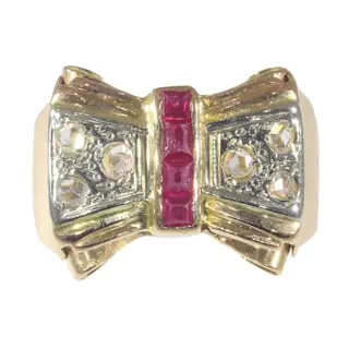 NO RESERVE PRICE - 18 karaat Geel goud - Ring Robijn - Diamanten, vintage jaren 50 retro jaren vijftig, gratis formaat wijzigen*